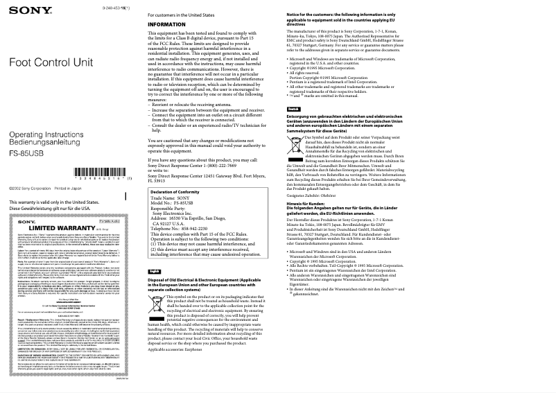 Page n°1 - Manuel utilisateur Sony FS-85USB