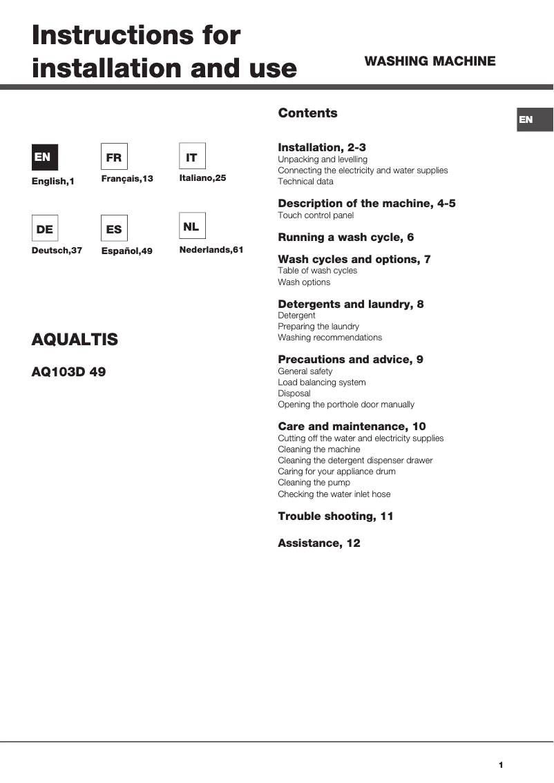 Page 1 de la notice Manuel utilisateur Hotpoint Ariston Aqualtis AQ103D 49 EU