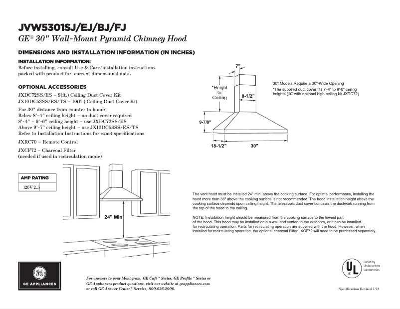 Page 1 de la notice Fiche technique GE JVW5301FJDS