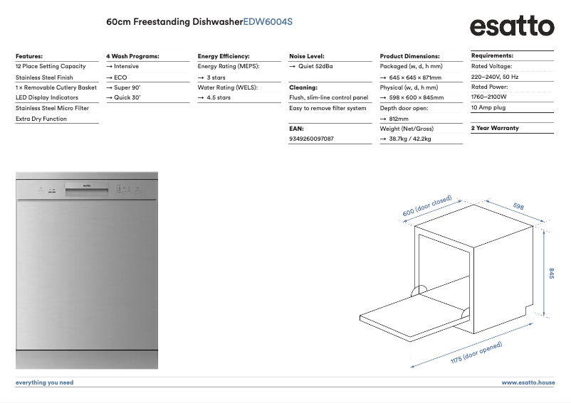 Page 1 de la notice Fiche technique Esatto EDW6004S