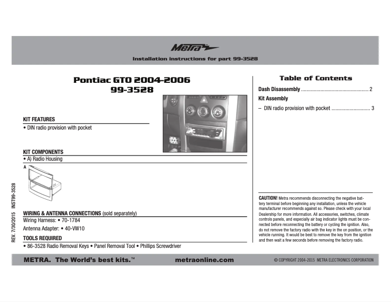 Page 1 de la notice Manuel utilisateur Metra 99-3528
