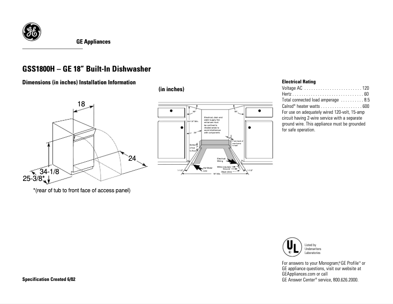 Page 1 de la notice Fiche technique GE GSS1800HWW