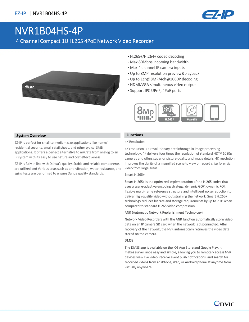 Page 1 de la notice Fiche technique Dahua Technology EZ-IP NVR1B04HS-4P