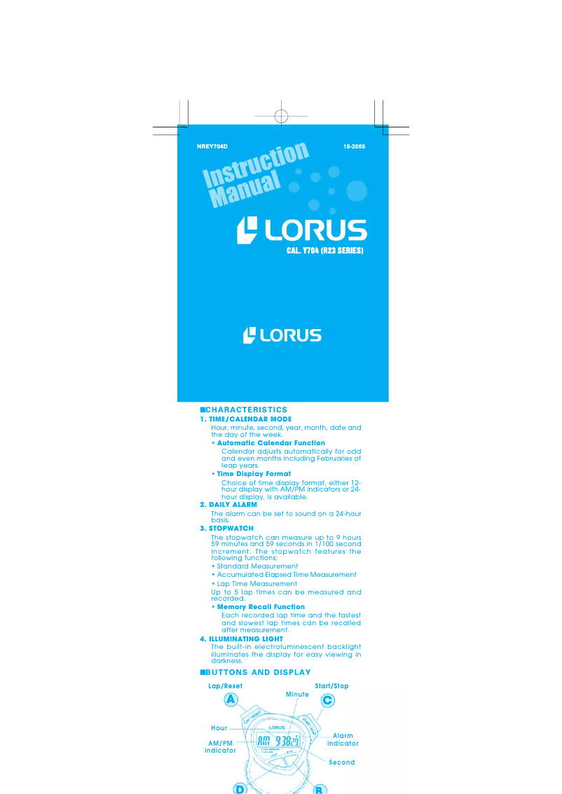 Page n°1 - Manuel utilisateur Lorus Y704D