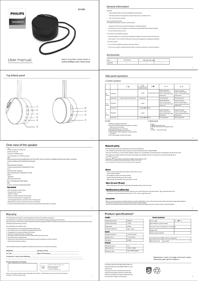 Page n°1 - Manuel utilisateur Philips BT40BK