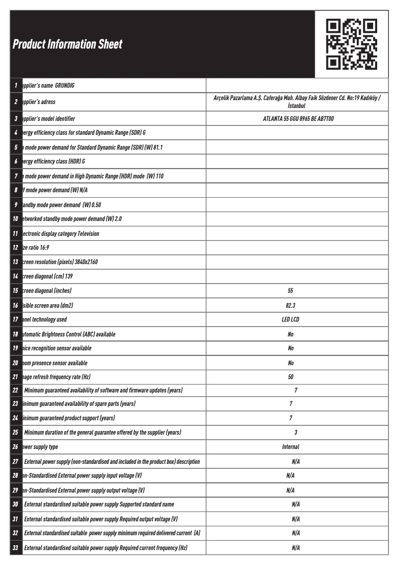 Page n°1 - Fiche technique Arçelik ATLANTA 55 GGU 8965 BE
