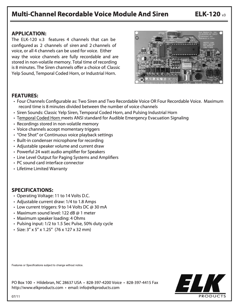 Page 1 de la notice Manuel utilisateur ELK ELK-120