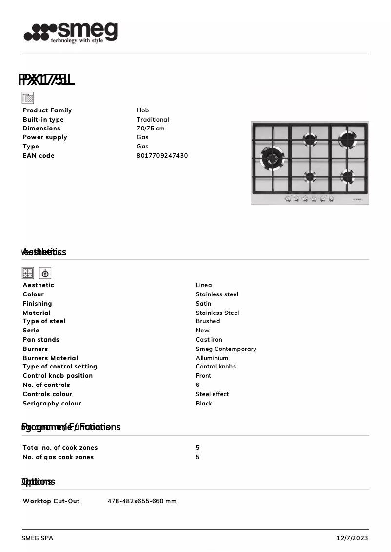 Page n°1 - Fiche technique Smeg PX175L