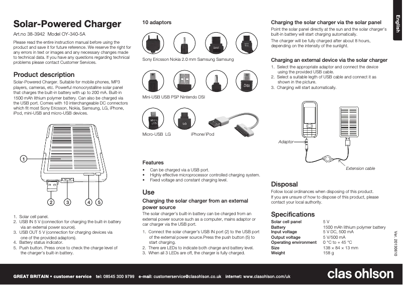 Page 1 de la notice Manuel utilisateur Clas Ohlson OY-340-5A