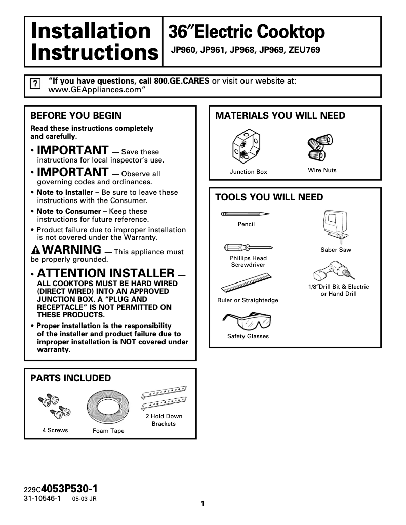 Page n°1 - Guide d'installation GE ZEU769TCWW