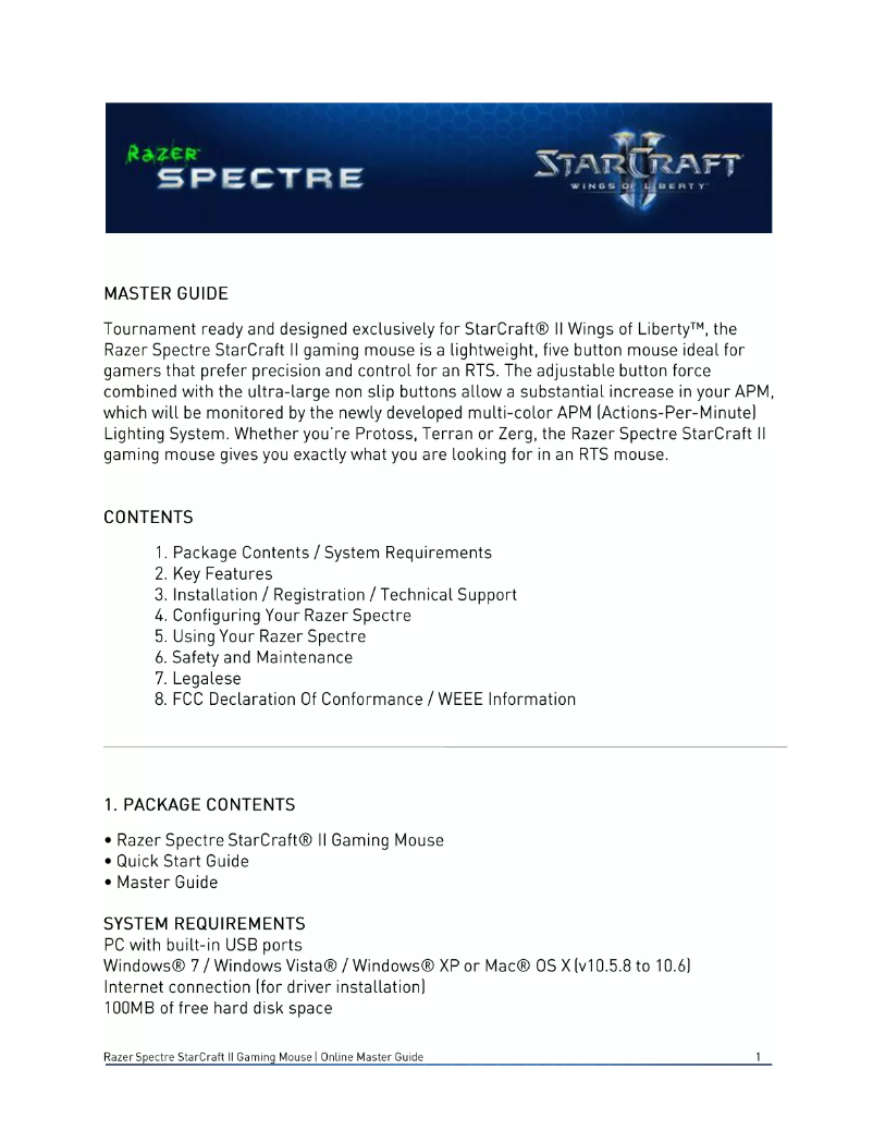 Image de la première page du manuel de l'appareil Spectre StarCraft II
