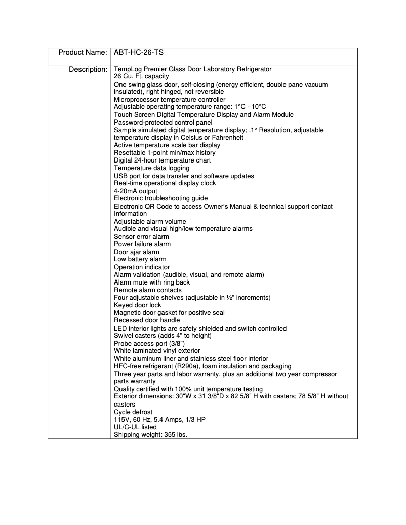 Page 1 de la notice Manuel utilisateur American BioTech Supply ABT-HC-26-TS