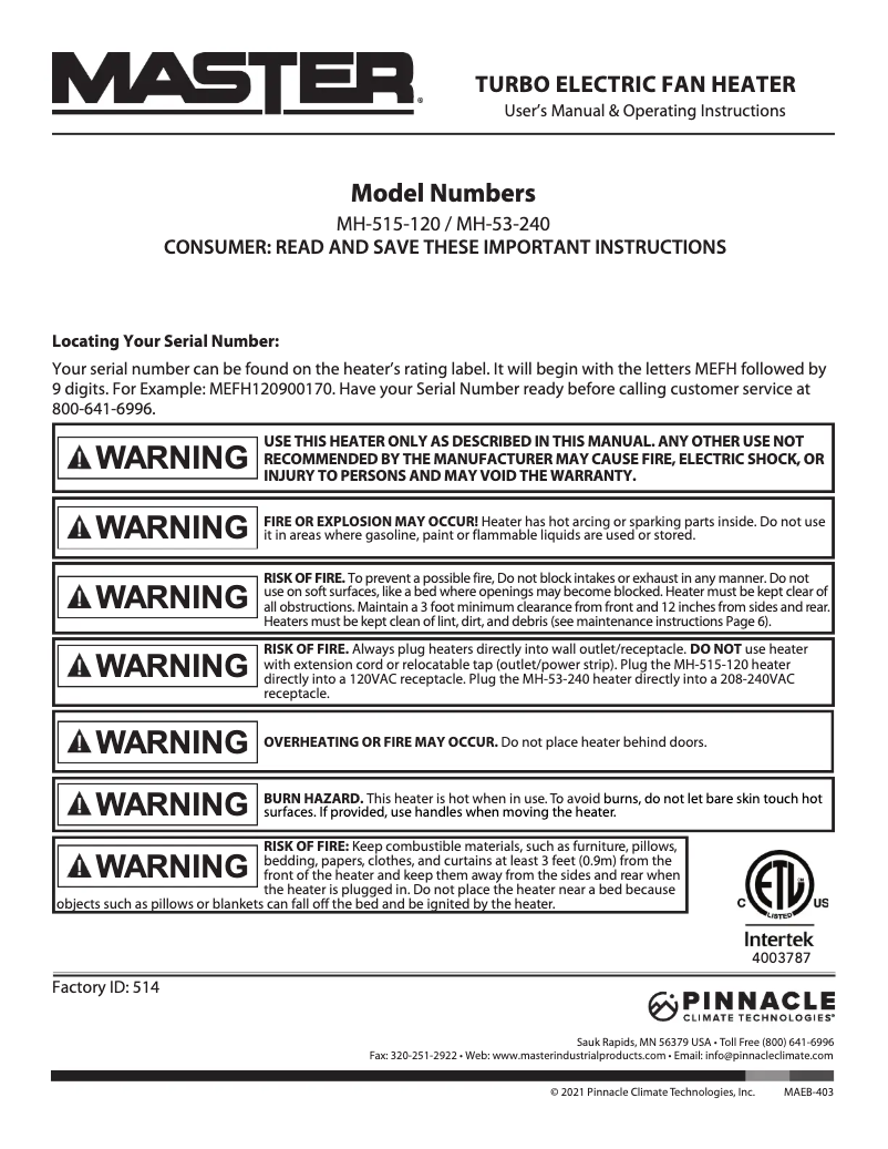 Page n°1 - Manuel utilisateur Master MH-515-120
