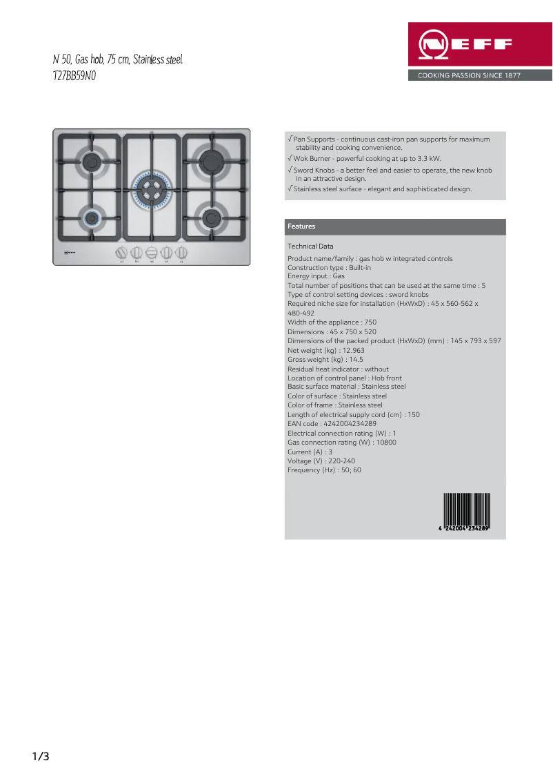 Page n°1 - Fiche technique Neff T27BB59N0