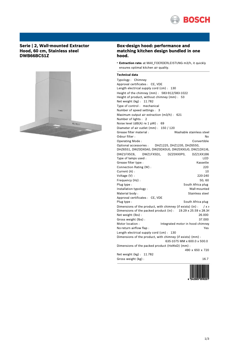Página 1 del manual Ficha técnica Bosch DWB66BC51Z