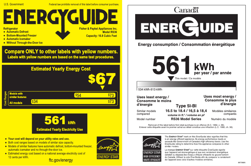 Page n°1 - Label énergétique Fisher & Paykel RS36A72U1N