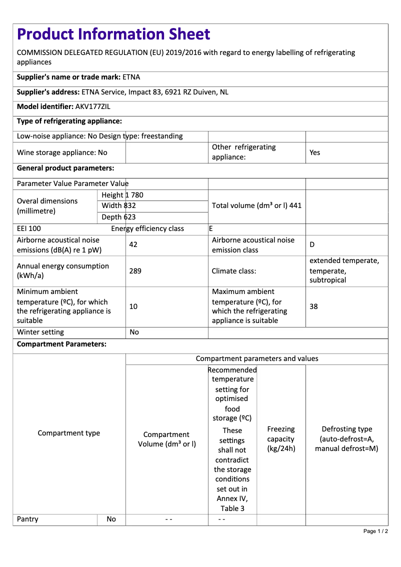Page 1 de la notice Fiche technique Etna AKV177ZIL