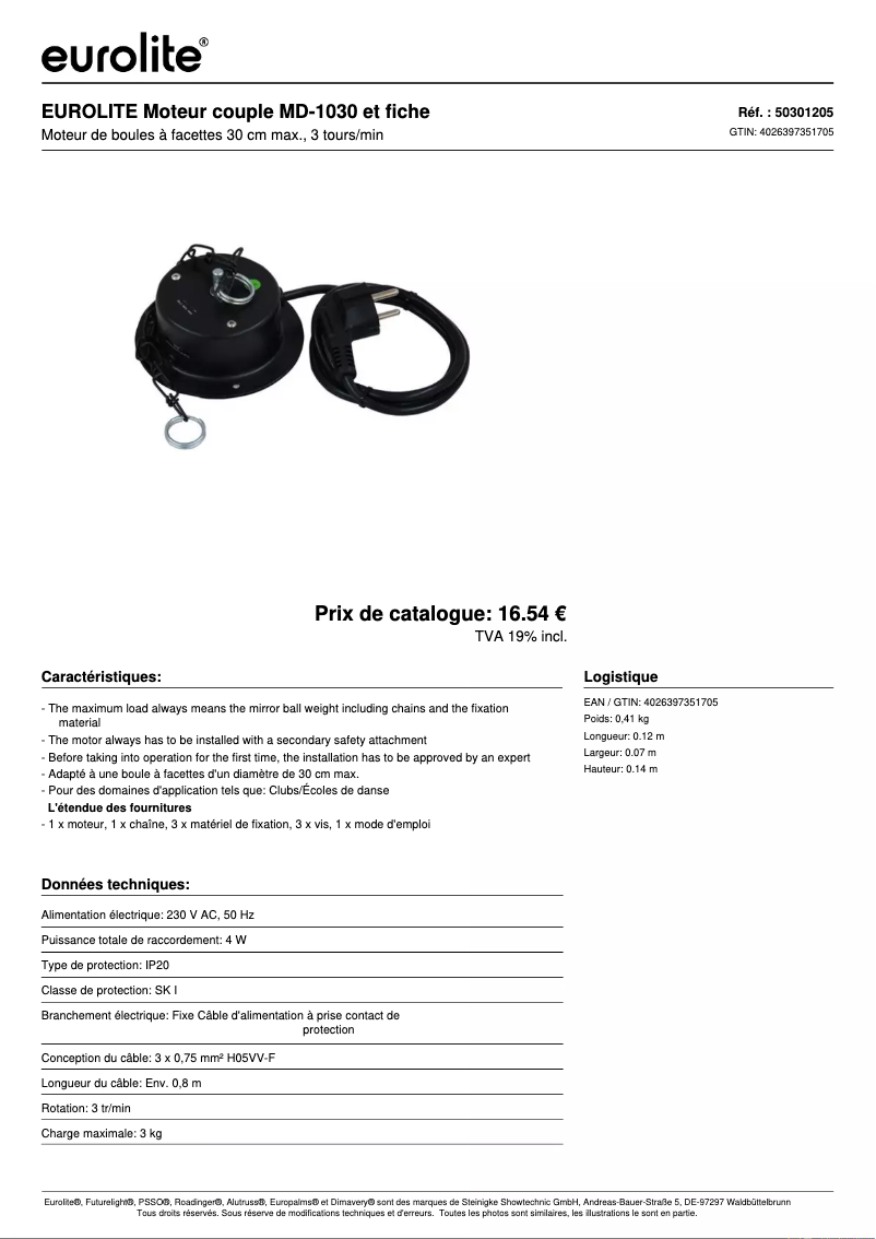 Page 1 de la notice Fiche technique Eurolite MD-1030