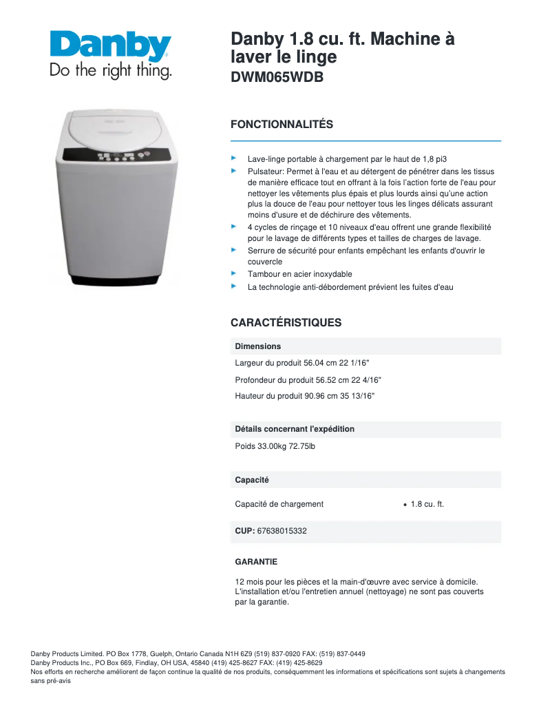 Page 1 de la notice Fiche technique Danby DWM065WDB
