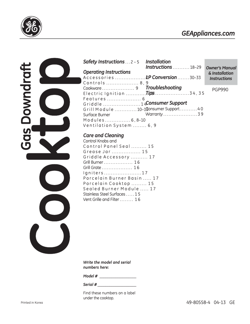 Image de la première page du manuel de l'appareil Profile PGP990SENSS