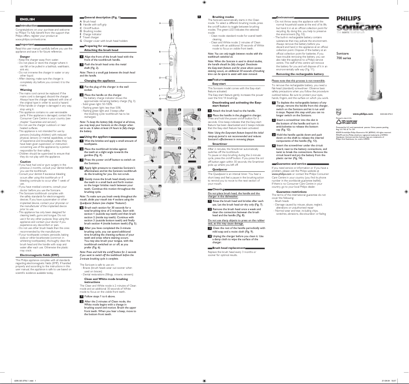 Page 1 de la notice Guide de démarrage rapide Philips Sonicare HealthyWhite HX6711