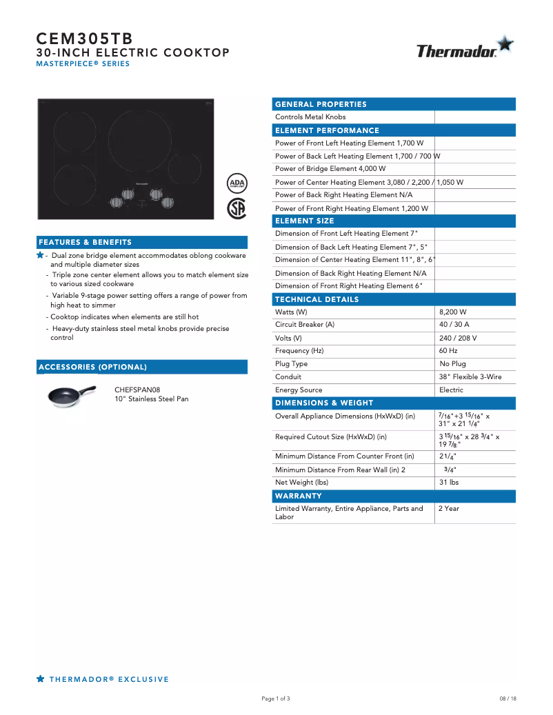 Page 1 de la notice Fiche technique Thermador CEM305TB