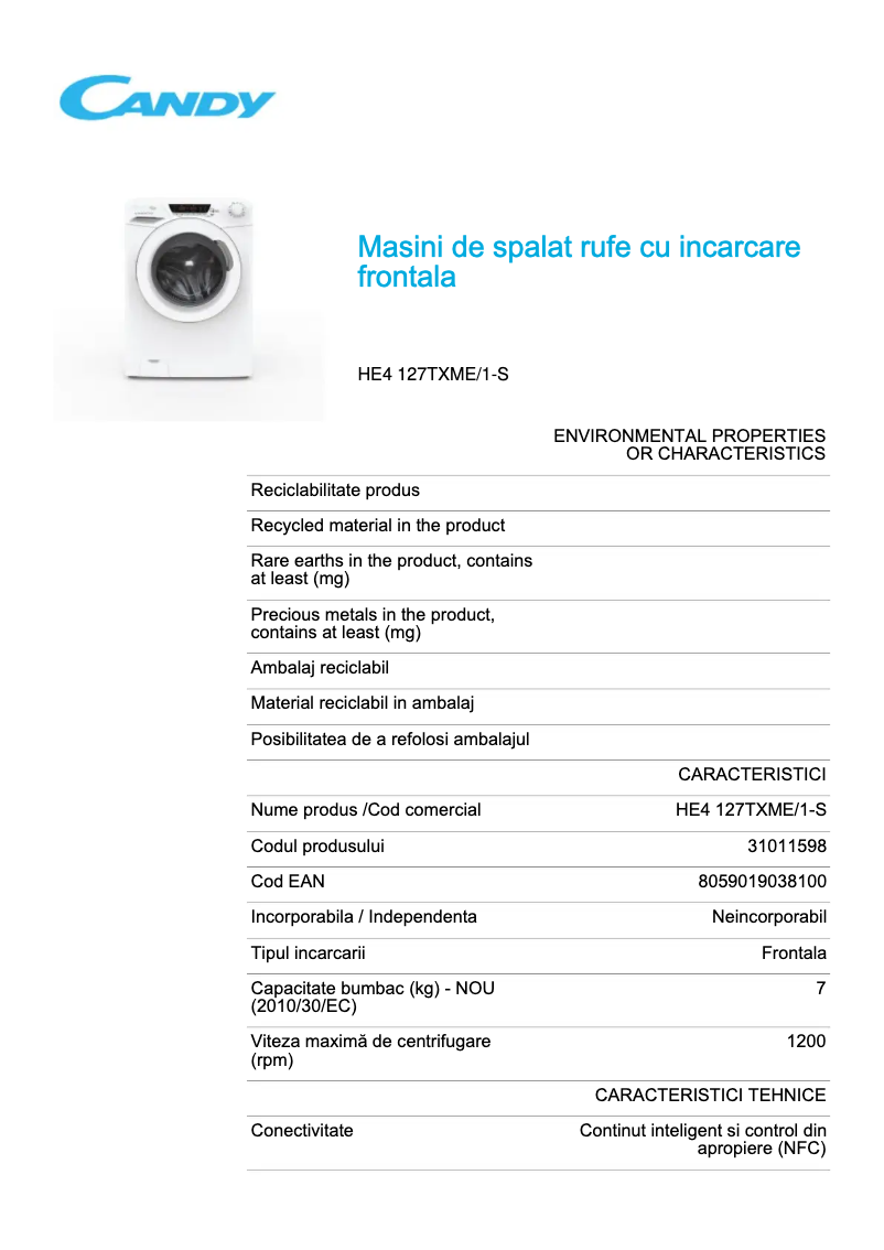 Page 1 de la notice Fiche technique Candy HE4 127TXME/1-S