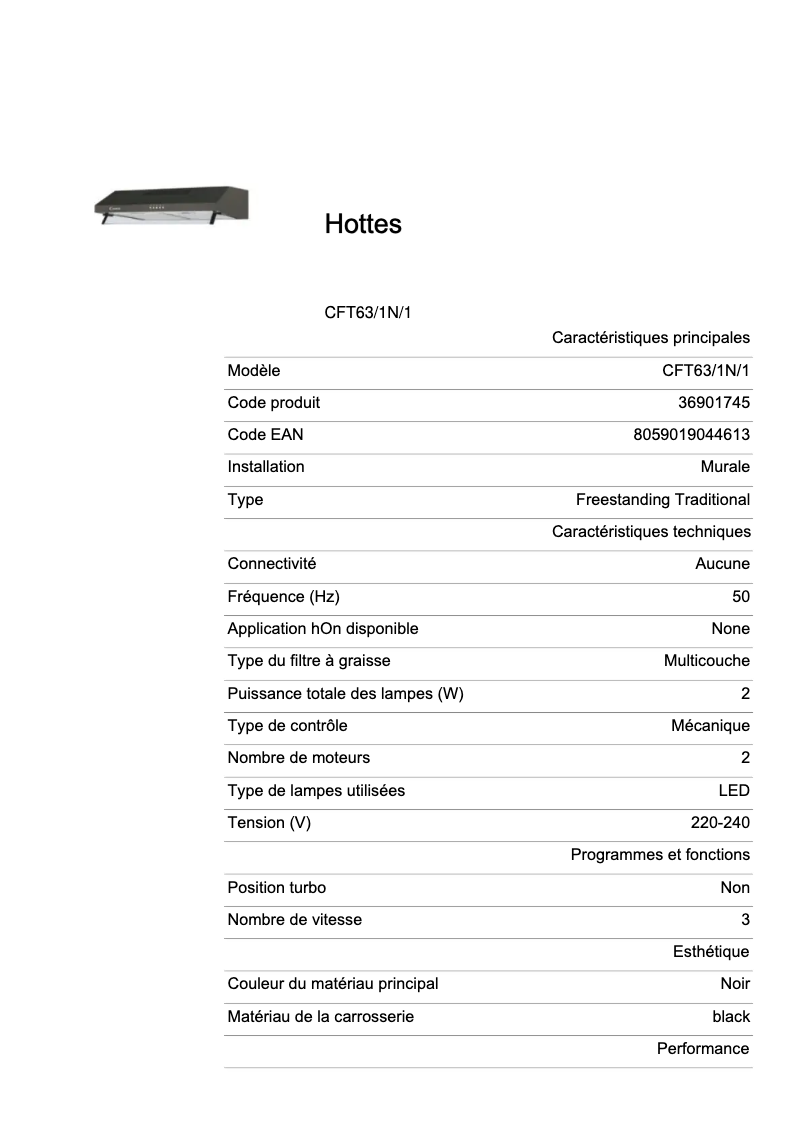 Page 1 de la notice Fiche technique Candy CFT63/1N/1