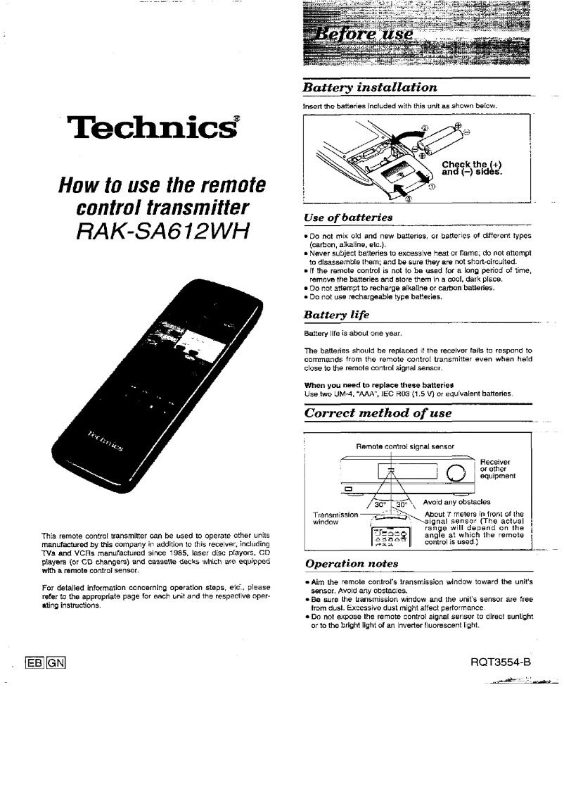 Page n°1 - Manuel utilisateur Technics RAK-SSA612WH