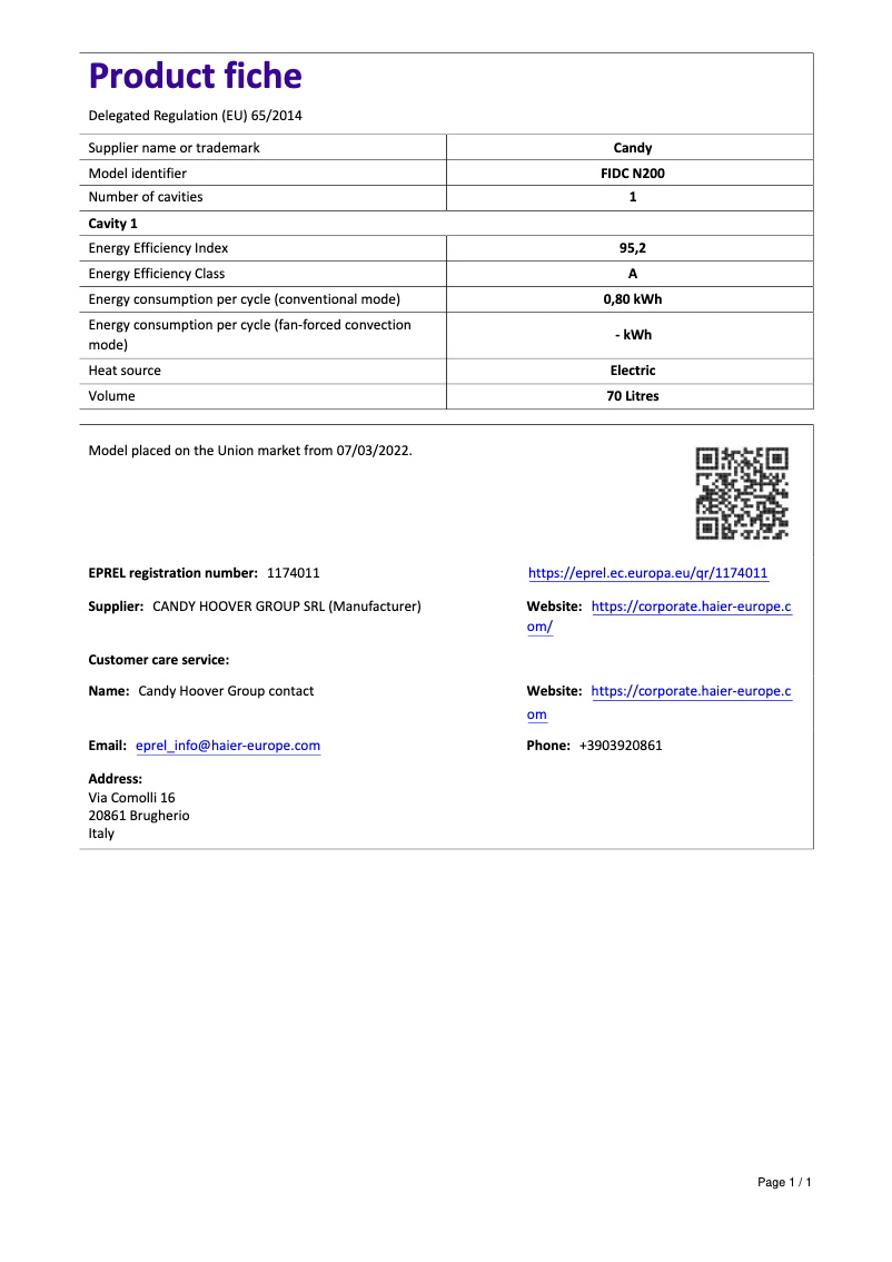 Page 1 de la notice Manuel utilisateur Candy FIDC N200