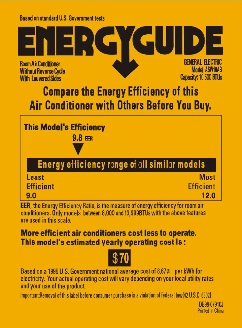 Page n°1 - Label énergétique GE ASW10AB