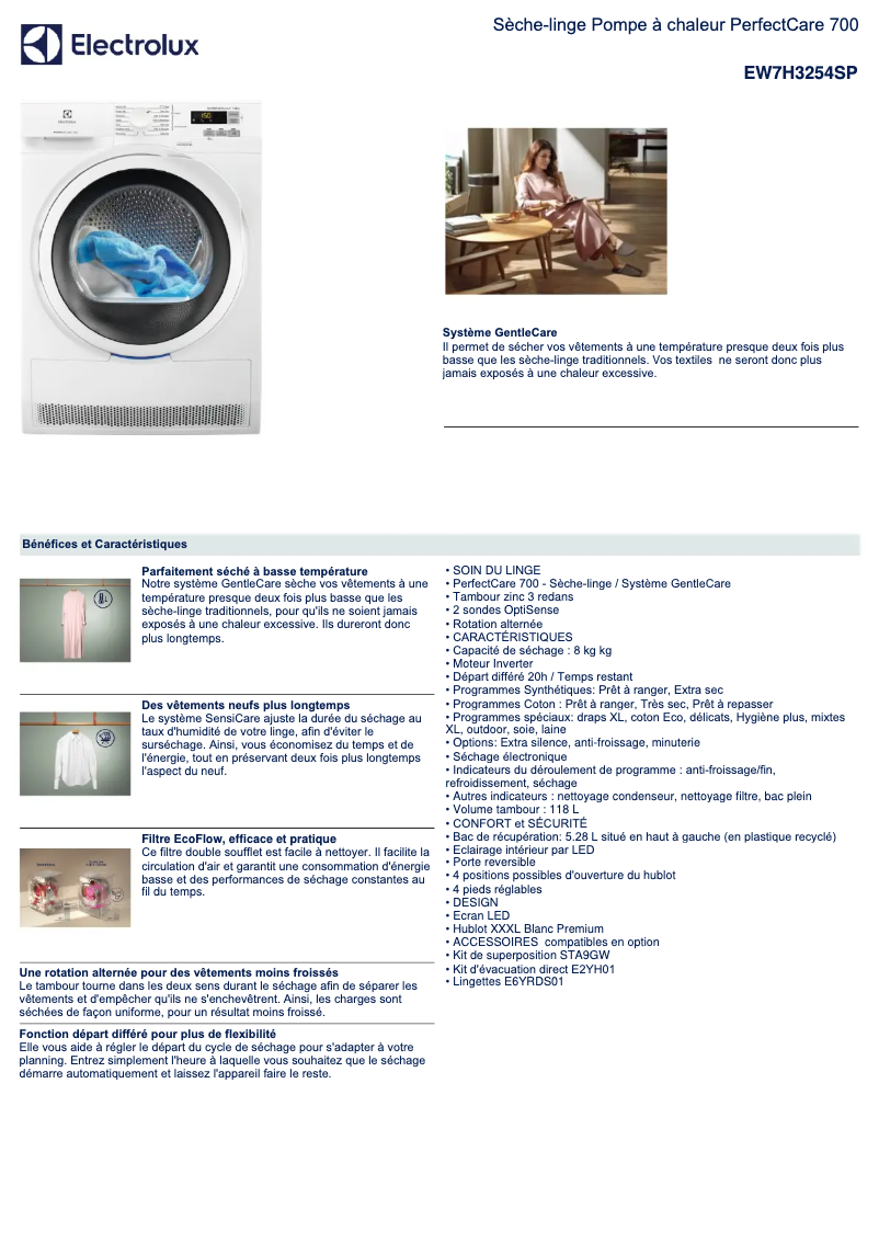 Page 1 de la notice Fiche technique Electrolux EW7H3254SP
