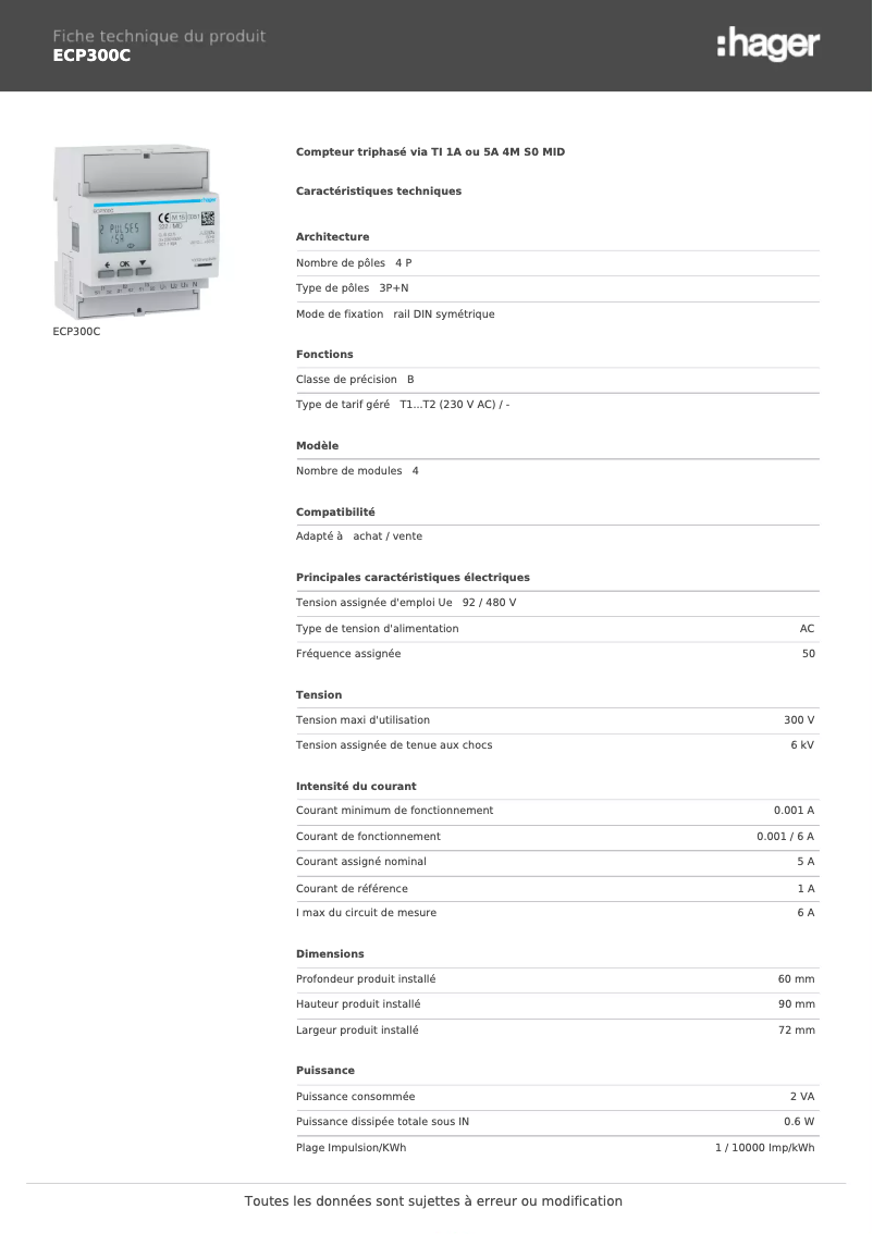 Page 1 de la notice Fiche technique Hager ECP300C
