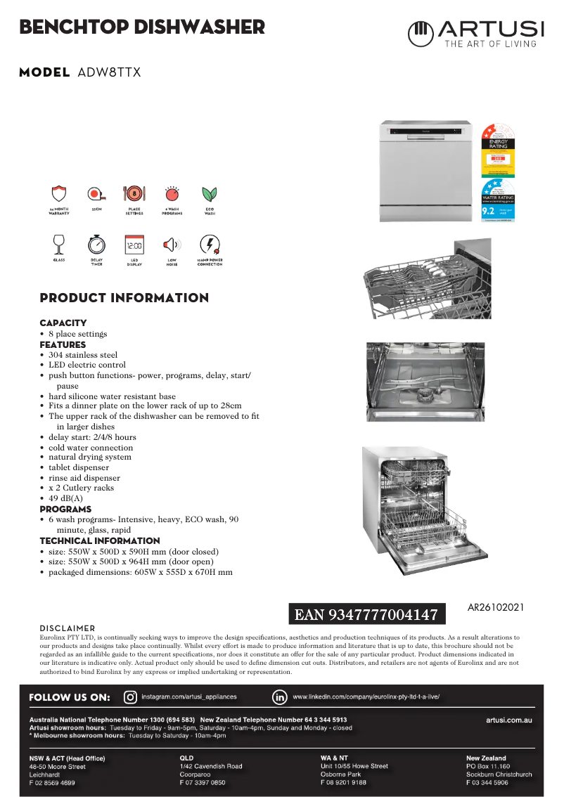 Page 1 de la notice Fiche technique Artusi ADW8TTX