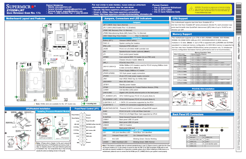 Page n°1 - Guide de démarrage rapide Supermicro X11DDW-L