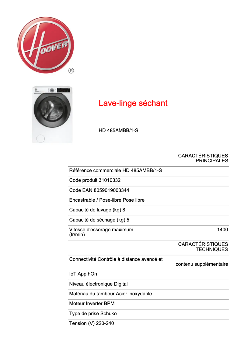 Page n°1 - Fiche technique Hoover H-WASH&DRY 500 HD 485AMBB/1-S