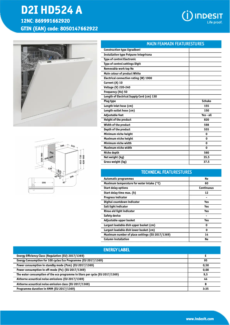 Page n°1 - Fiche technique Indesit D2I HD524 A