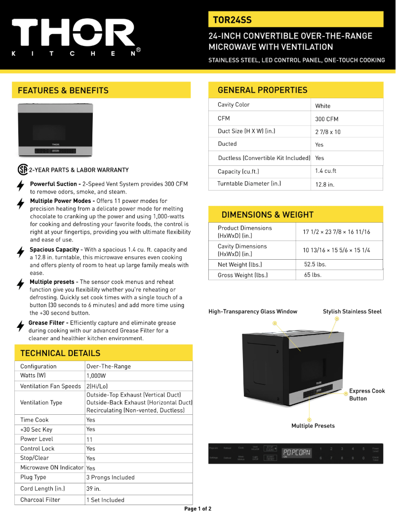 Page 1 de la notice Fiche technique Thor TOR24SS