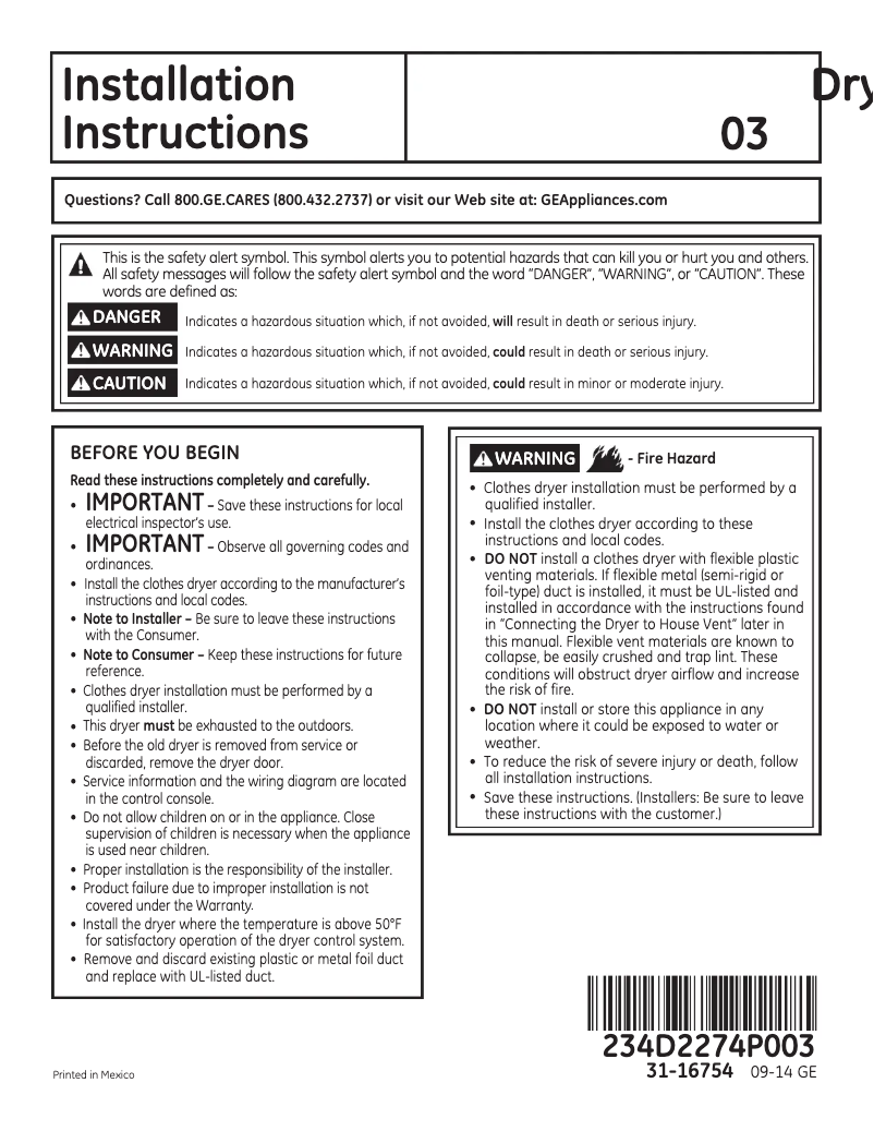 Page 1 de la notice Guide d'installation GE GFDS175EHDG