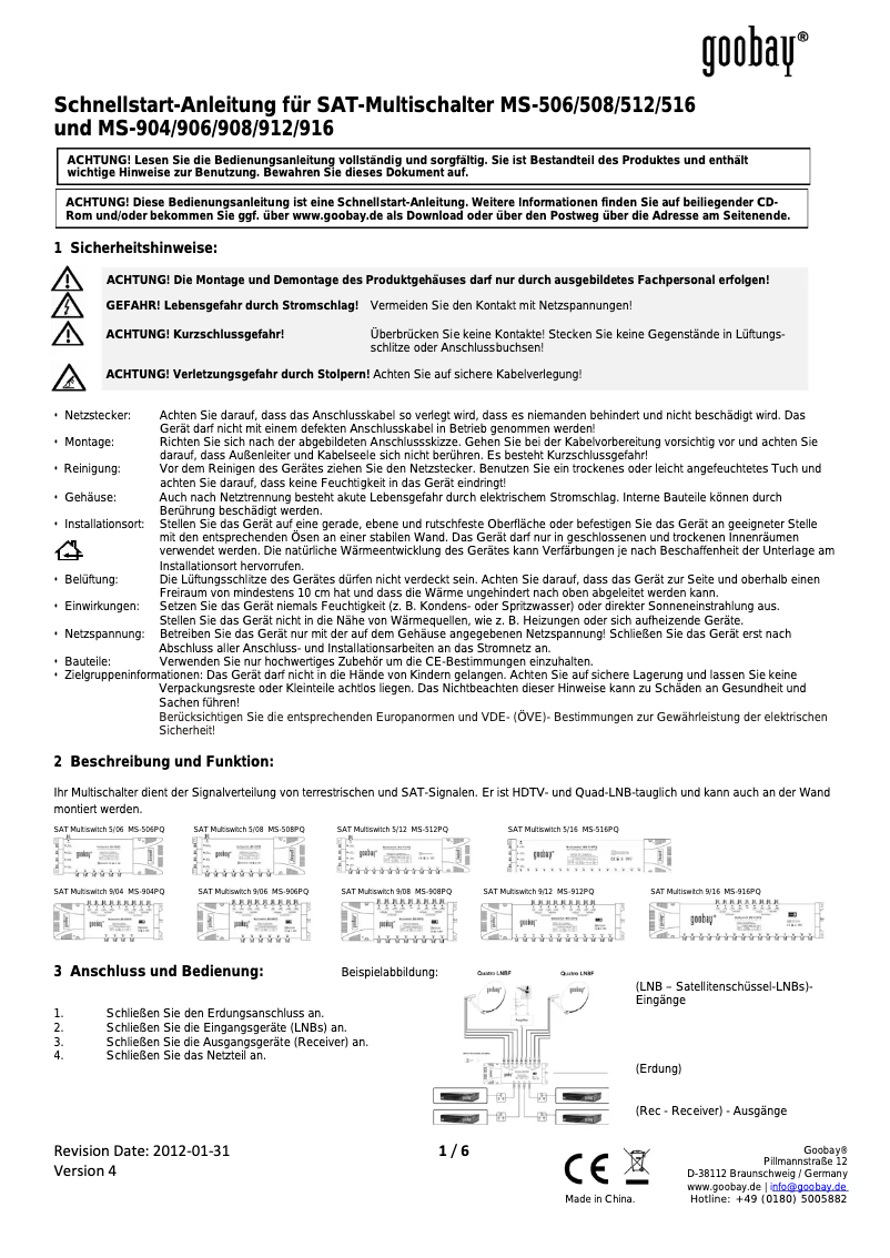 Page 1 de la notice Manuel utilisateur Wentronic SAT Multiswitch 9/04 MS-904PQ