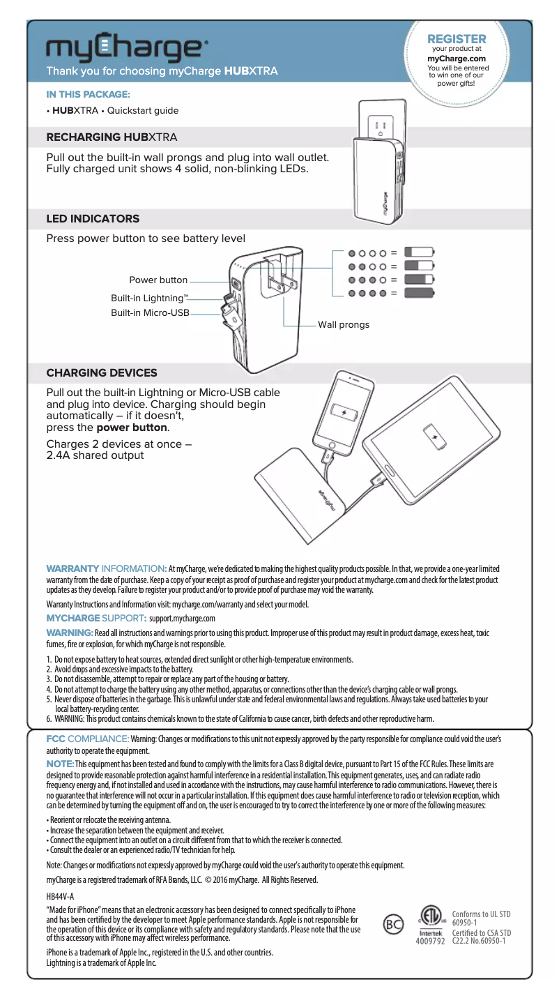Page n°1 - Manuel utilisateur myCharge HubXtra HB44V