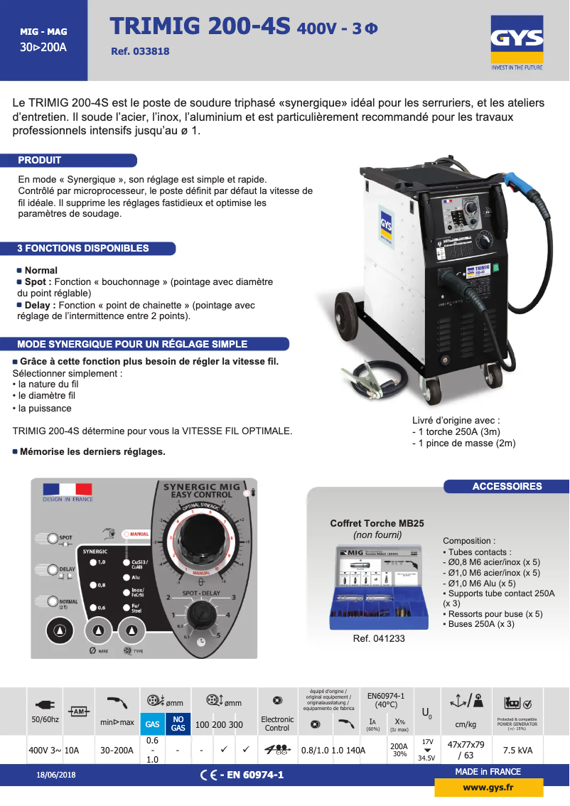 Page 1 de la notice Fiche technique GYS Trimig 200-4S