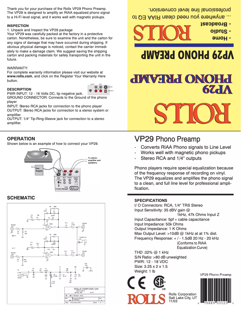 Page n°1 - Manuel utilisateur Rolls VP29