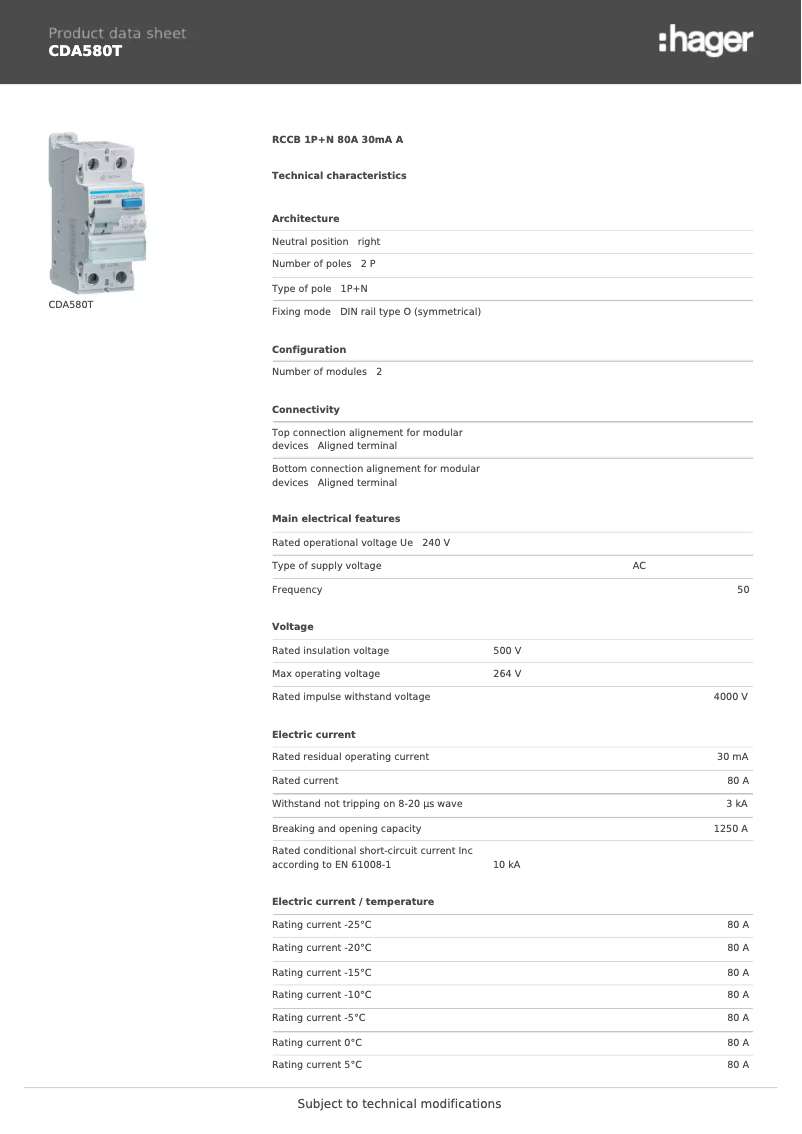 Page n°1 - Fiche technique Hager CDA580T