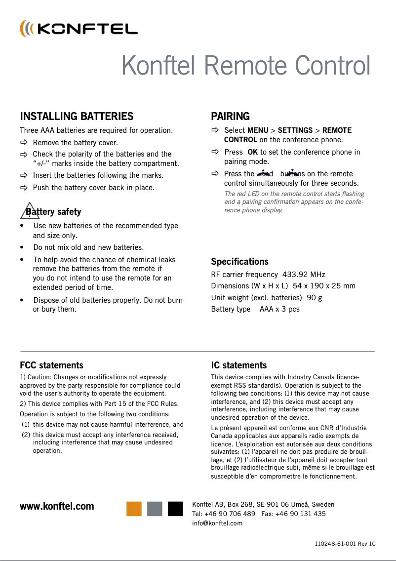 Page n°1 - Manuel utilisateur Konftel Remote Control
