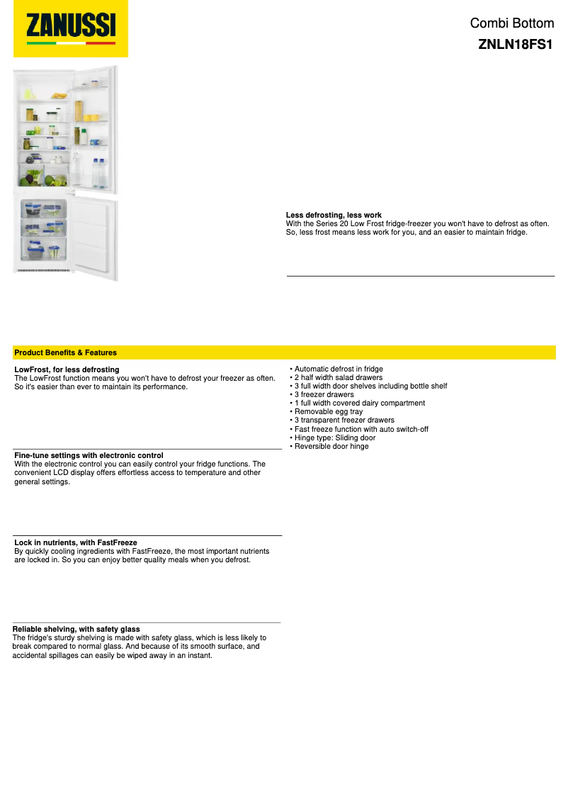 Page 1 de la notice Fiche technique Zanussi ZNLN18FS1