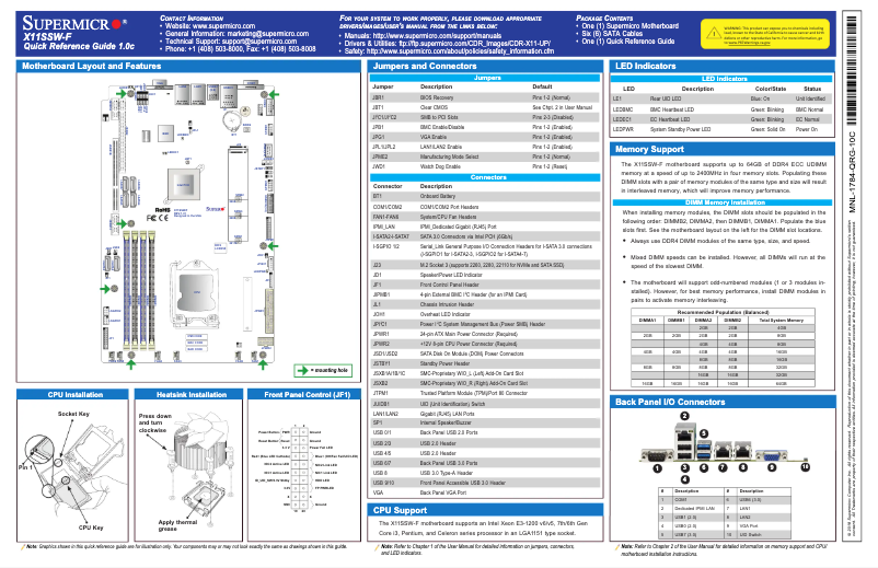 Page 1 de la notice Guide de démarrage rapide Supermicro X11SSW-F