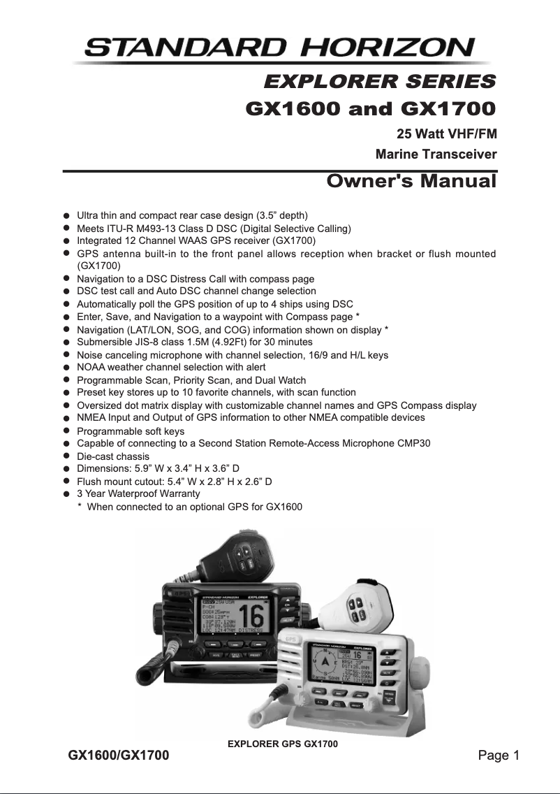 Page 1 de la notice Manuel utilisateur Standard Horizon Explorer GX1600
