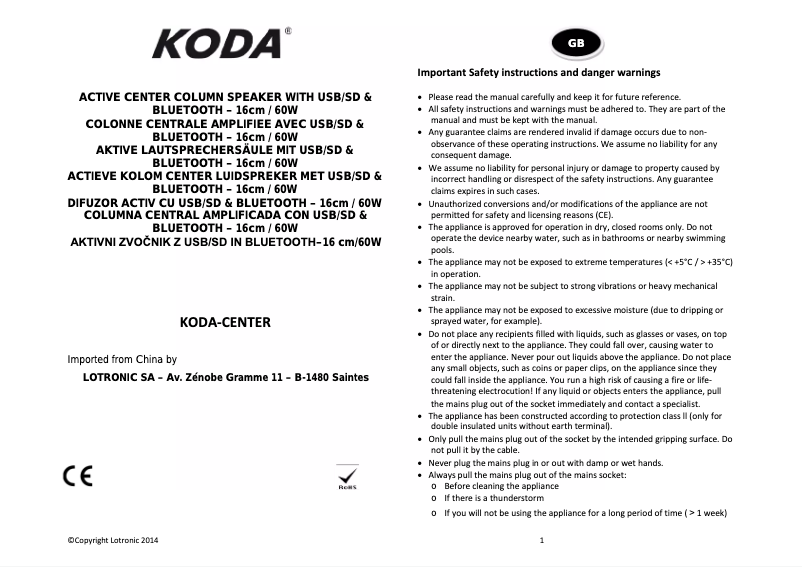 Page 1 de la notice Manuel utilisateur Lotronic KODA-CENTER