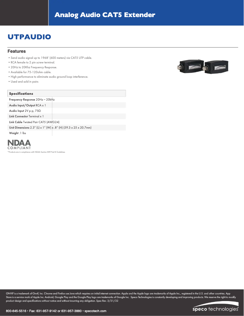 Página 1 del manual Ficha técnica Speco Technologies UTPAUDIO